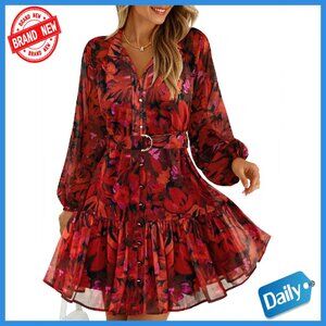 Floral Chiffon Mini Dress Long Sleeve Button Front A-Line Swing